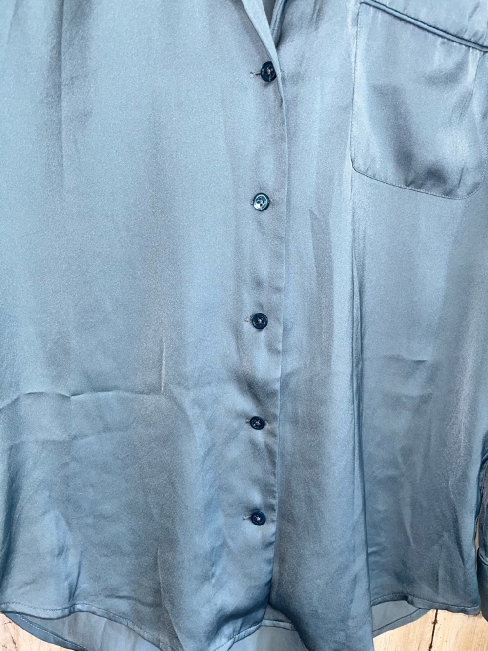 Equipment Femme Silk-Look Blue Button Front Blouse Women’s S Long Sleeve Pocket - Picture 2 of 5